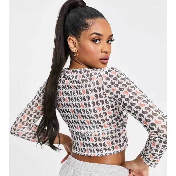 Asos White Sheer Long Sleeve Crop Top Brown and Orange Yin Yang Pattern Size 2P - Picture 2 of 11
